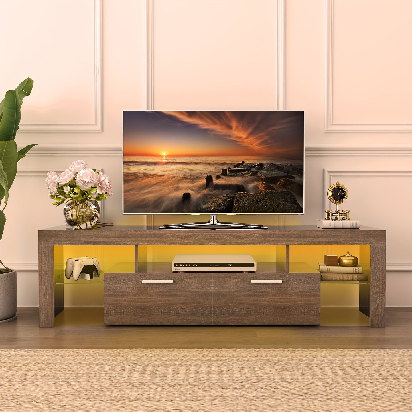 Contemporary LED TV Stand with Storage Drawers, High Gloss Media Console Table for TVs up to 80 Inch, Entertainment Center for Living Room Game Room Bedroom, 51" 63" 71" Sizes Black White Brown