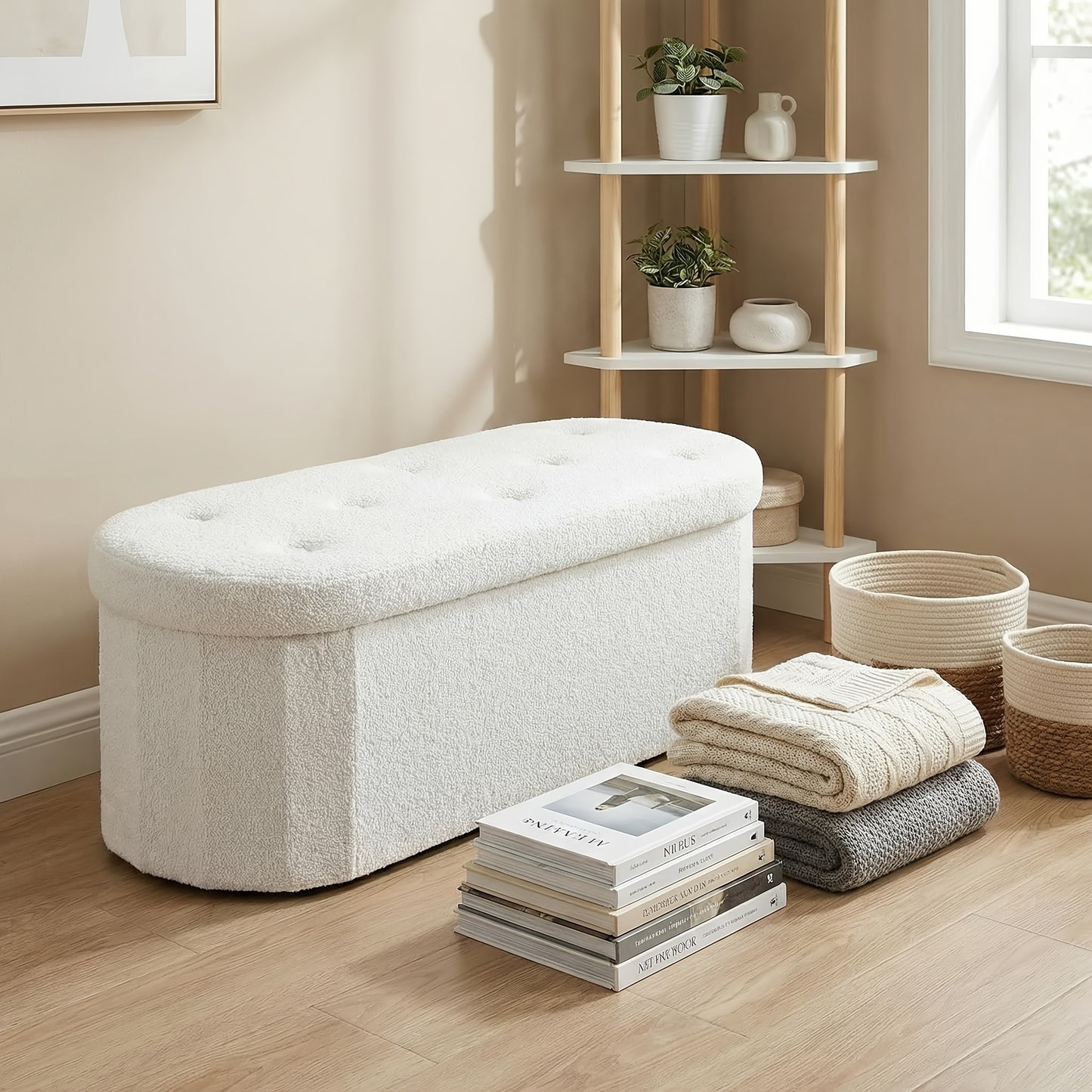 Storage Ottoman Bench with Lid, Folding Cushioned Foot Rest Stool 30/43 Inch Oval Round Seat 250 Lb Capacity for Living Room Bedroom Entryway