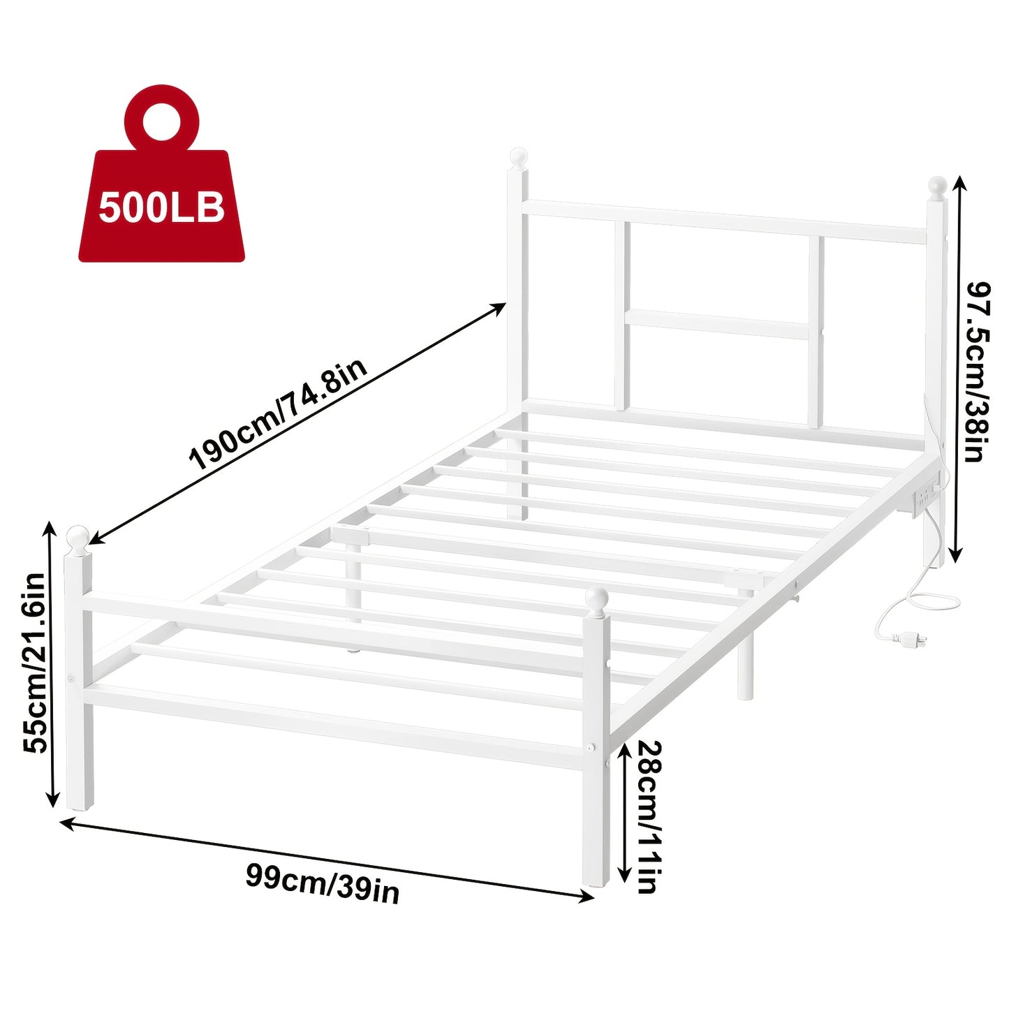 Twin Bed Frame with LED Lights and Charging Station, Heavy-Duty Metal Platform Bed, Easy Assembly, Black & White, Modern Contemporary Bedroom Design