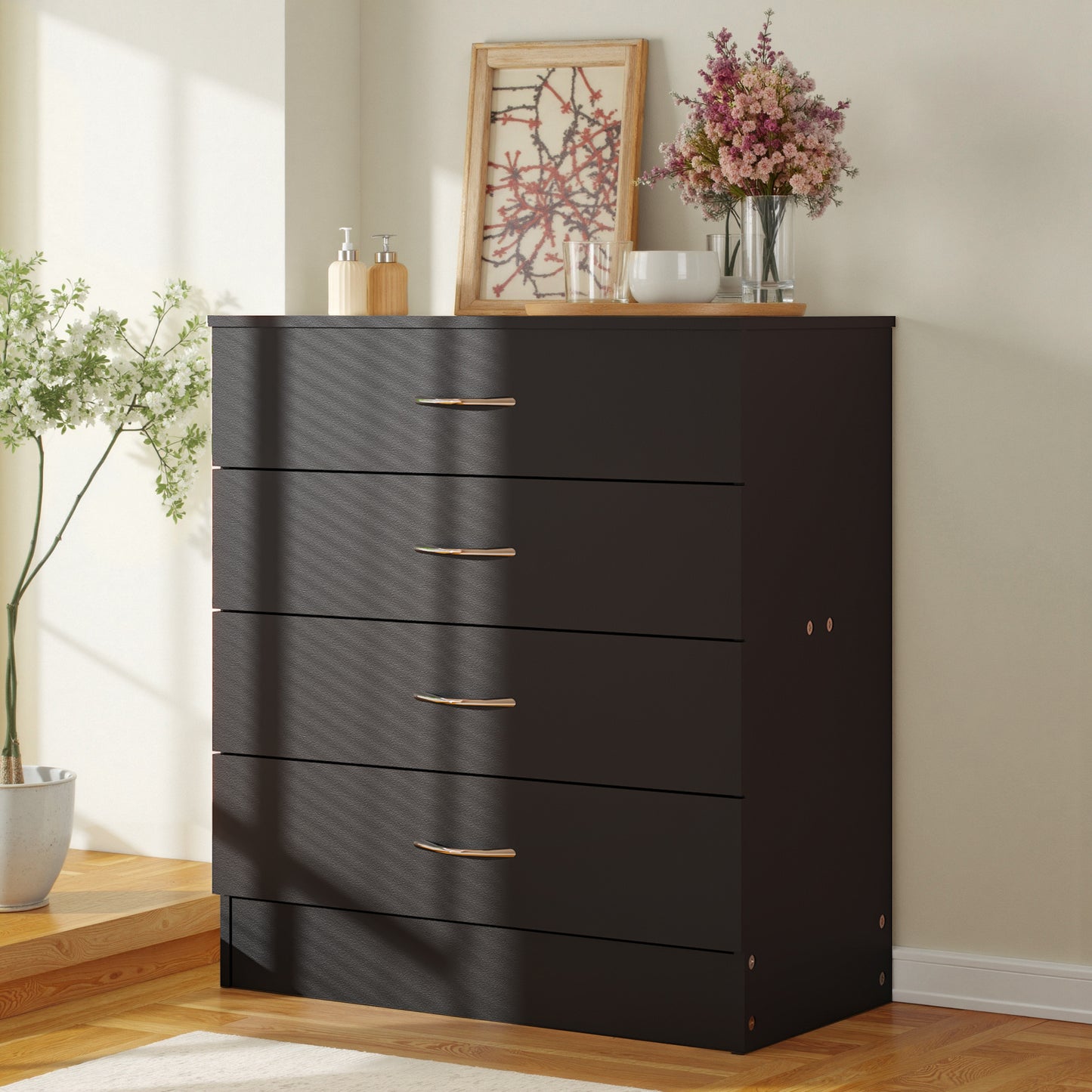 Modern 4-Drawer Storage Dresser - Wooden Chest for Bedroom, Living Room & Entryway, Multi-Functional End Table, White/ Black