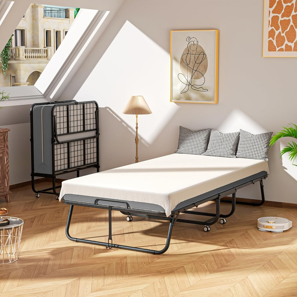 Folding Bed Portable Roll Away Guest Bed 75x31 Inch 4-Section Fold Flat with Sturdy Metal Frame, Wheels & Grey Fabric Cover - Adult Sleeping Bed for Guest Room, Camping, Dorm, Small Apartment