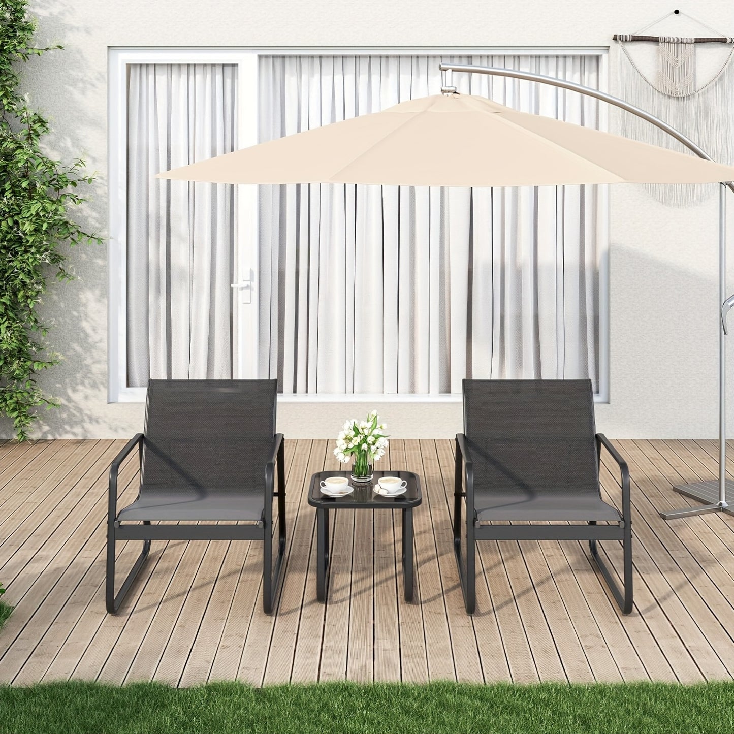Patio Chairs Set of 3, Patio Furniture Set with Metal Frame Glass Table, Outdoor Chairs Set of 3 for Balcony, Bistro Table And Chairs Set for Lawn, (Black, Gray)