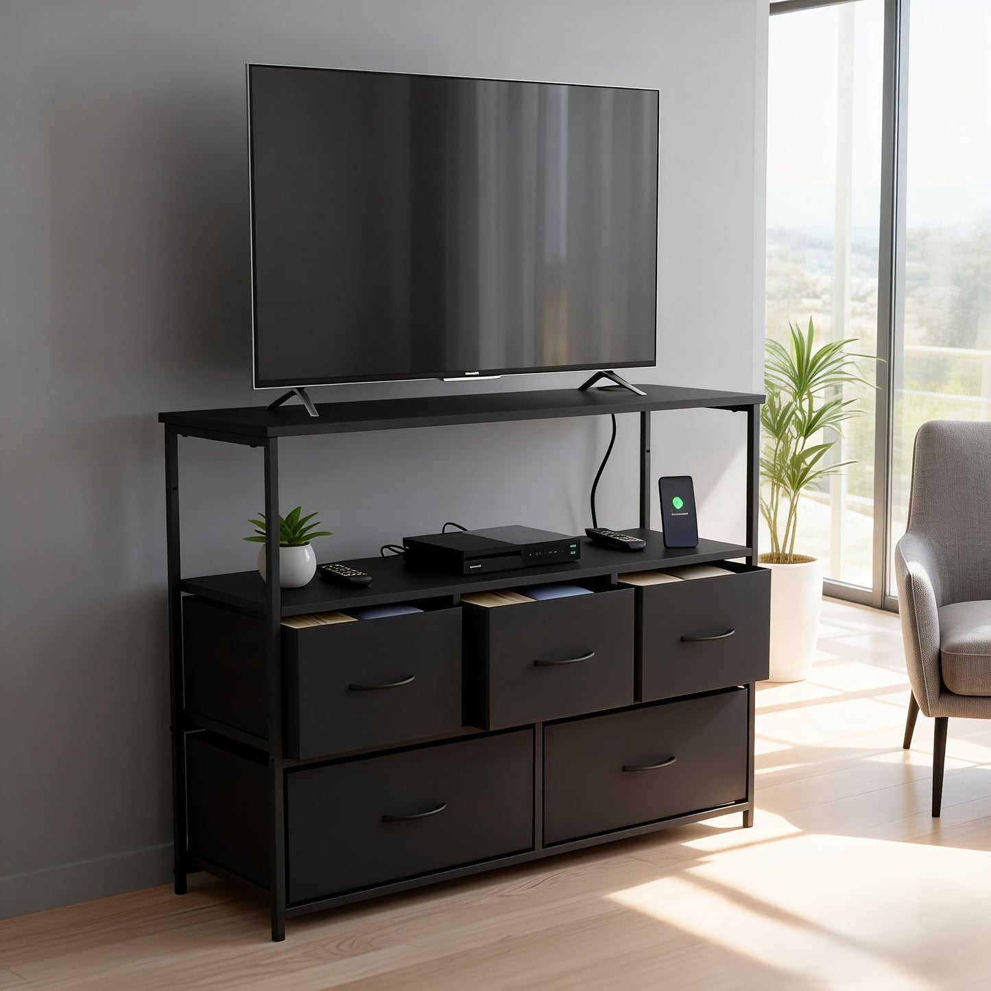 5-Drawer TV Stand Dresser Suitable for 45" Tvs - Media Console Featuring a Charging Station, 2 Shelves, And Storage for Living Room Or Bedroom