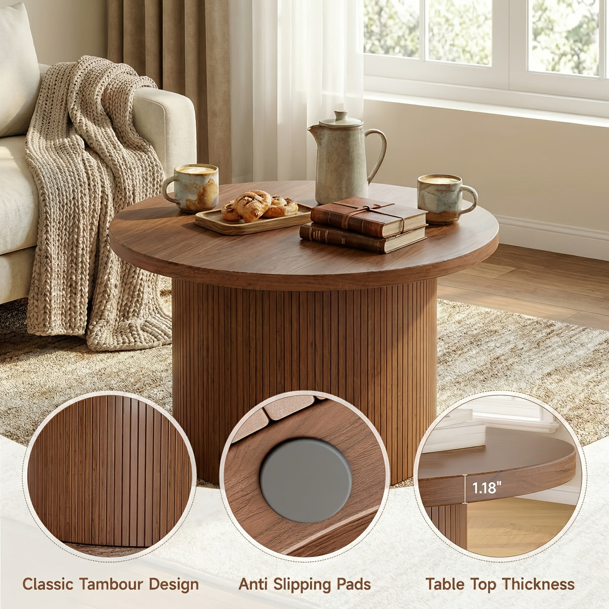 32 Inch Round Coffee Table Modern Suitable for Small Space Apartment, Assembly Round Center Table with Sturdy Base & Top, Space-Saving Living Room Furniture for Compact Homes