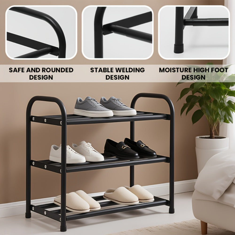 Adjustable Metal Shoe Rack 3-Tier Expandable Width 17.7"-32.6" Freestanding Shoe Organizer for Entryway Cloakroom Foyer – Sturdy Black Steel Shoe Shelf