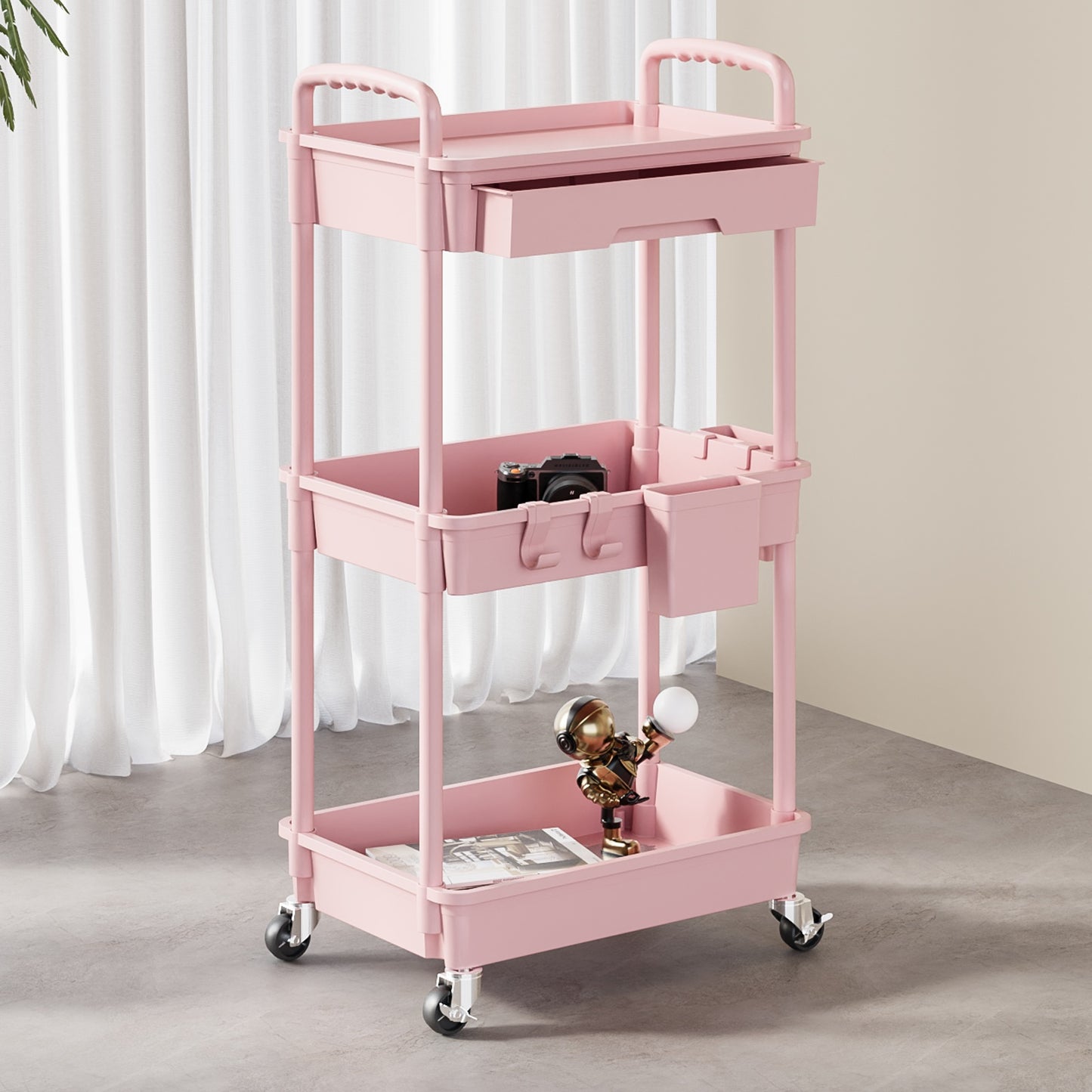 Rolling Utility Cart with Drawer - 360° Swivel Wheels, Plastic Shelves & Metal Frame, Multifunctional Storage Organizer for Bathroom, Kitchen, Office, Lab, Living Room - No Power Needed, Rolling Storage Cart, Home Organization, Compact Design, Durable Con