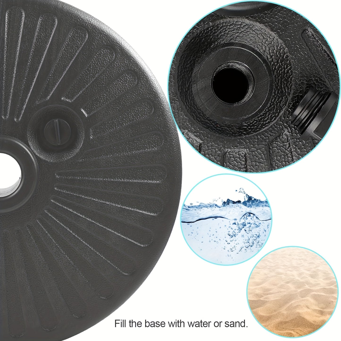 Outdoor Padded Umbrella Base, Round Plastic Umbrella Base, Lawn, Patio Outdoor Heavy Duty Umbrella Stand With 2 Adjustable Knobs, 3 Lined Rings, Black