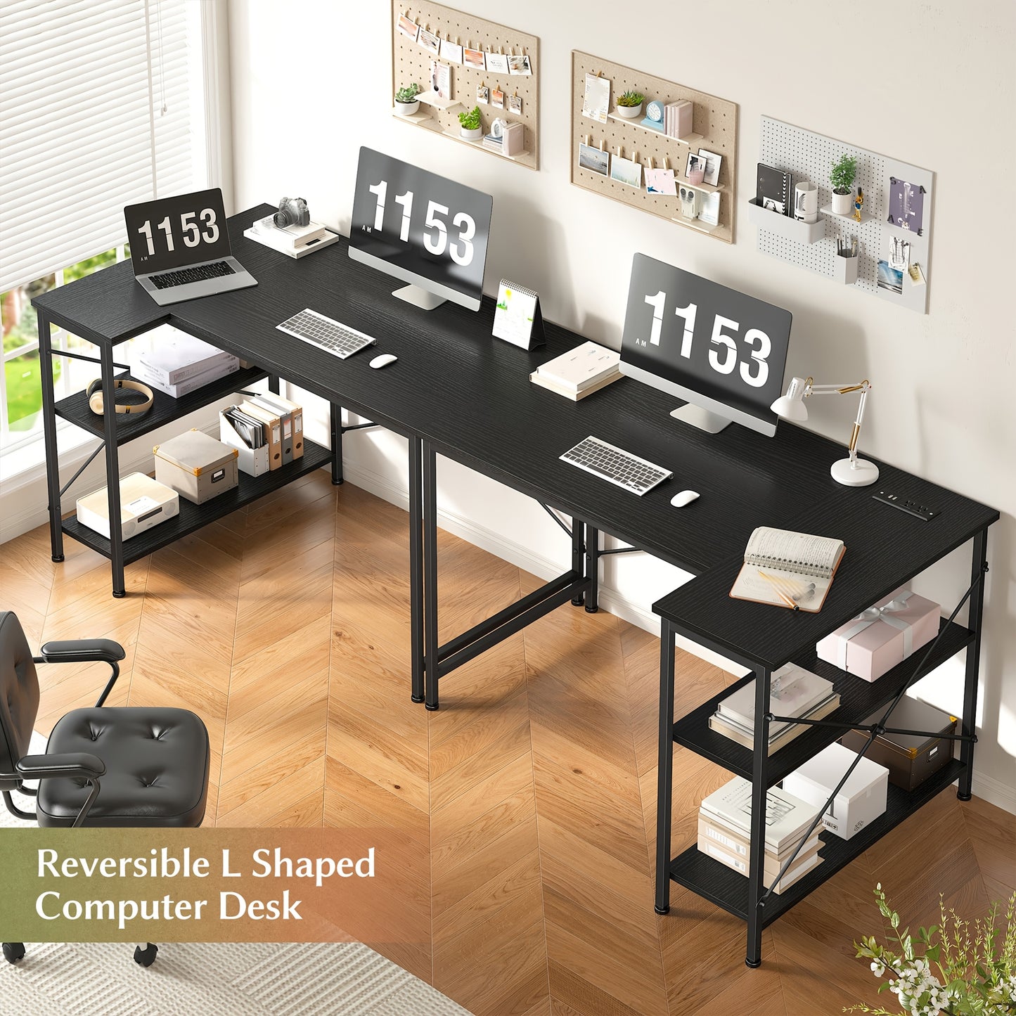 L Shaped Computer Desk with Power Outlets, Computer Desk with Storage Shelves, Home Office Corner Desk for Work, Writing Study Desk with Gaming Desk for Bedroom Office Dorm, L Shaped Desk, Desk, Desk, Computer Desk, Desk Gaming