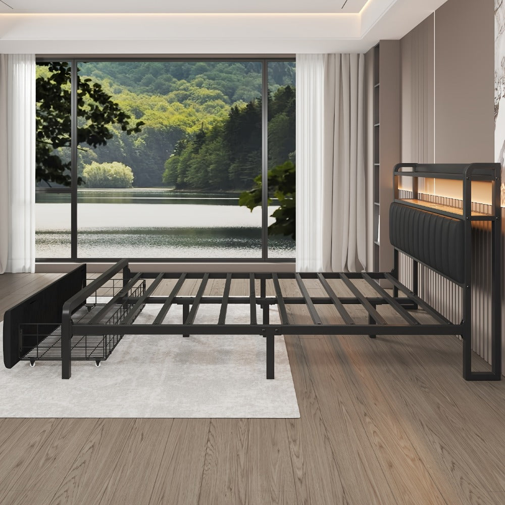 Storage Bed Frame with 2-Tier Headboard & Hidden Drawers – Metal Platform, 12" Under-Bed Space, Full/Queen, Black