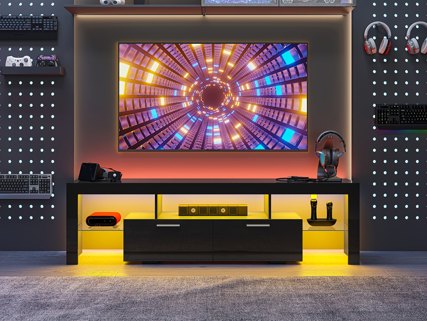 71" High Gloss TV Stand with LED Lights, Modern LED Entertainment Center for 55/65/70/75/80 Inch TV, Media Organizer with 2 Cabinets & Glass Shelves, Wood Media Center Television Console Table for Living Room, Bedroom, Gaming Room, White/Black/Marble