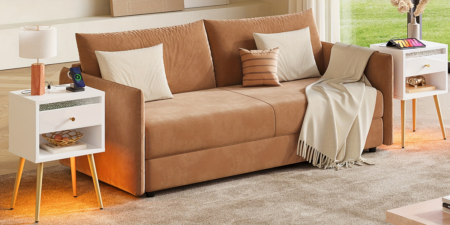 A Pair of Contemporary Nightstands Featuring USB Charging Ports, Standing at 12 Inches Tall. These Compact Bedside Tables Come with a Drawer And Open Storage, Making Them Ideal for Valentine'S Decor in Bedrooms Or Living Rooms