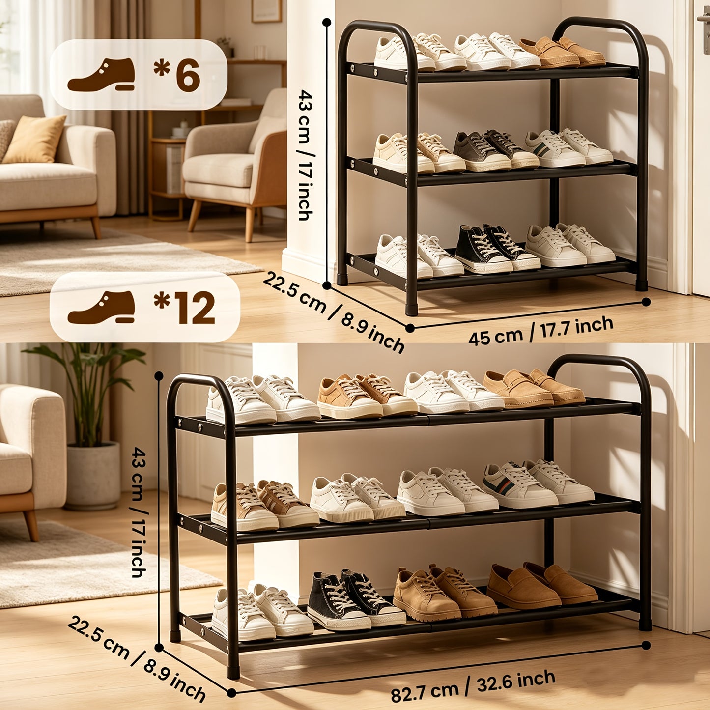 Upgraded 2/3 Layer Adjustable Metal Shoe Rack - Adjustable Width From 17.7 Inches to 32.56 Inches, Saving Space for Storage, Sturdy Metal Black, Indoor Shoe Cabinet for Storage, Suitable for Cloakrooms And Foyer