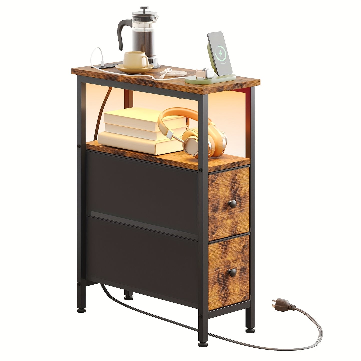 TOMNK Slim End Table for Living Room Featuring a Charging Station, Nightstand with Two Fabric Drawers, Narrow Side Table with Cloth Storage, Compact Nightstand for Bedrooms, Ideal for Small Areas, Sofa