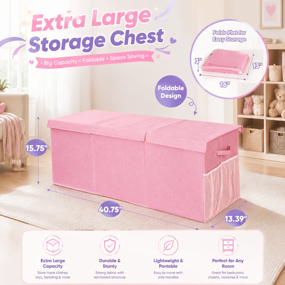 Extra Large Collapsible Storage Bin- Sturdy Organizer with Mesh Pockets, 40"x14"x16"- Pink Foldable Box Storage for Girls Storage Box for Home& Play Spaces