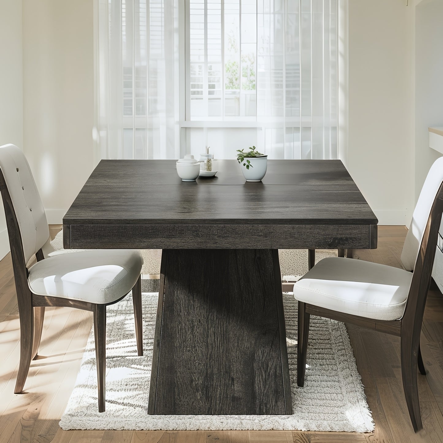Square Dining Table for 4 with Pedestal Base – 31.5" Farmhouse Kitchen Table, Grey Wood Grain, Compact Small Space Dining Table for Apartment, Easy Assembly