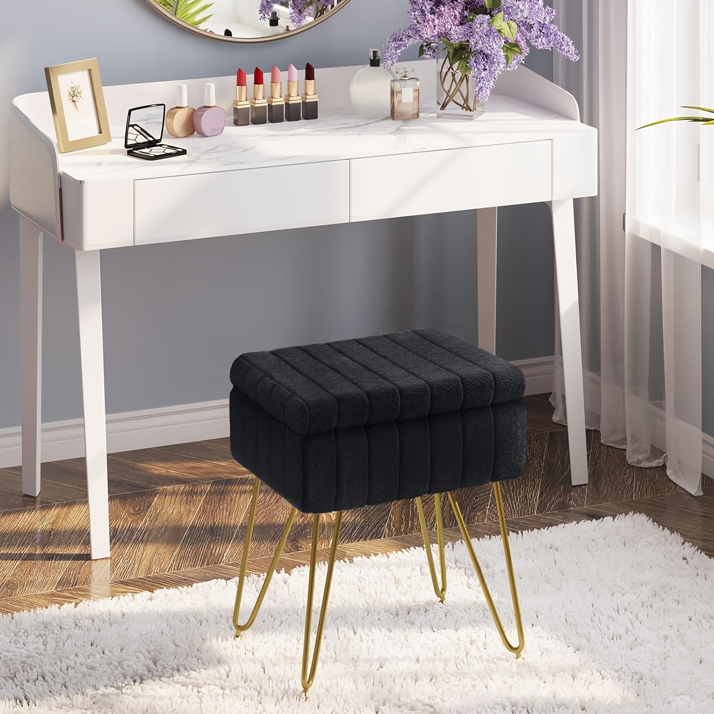 Vanity Storage Ottoman Chair | Makeup Vanity Chair with Metal Legs & Soft Faux Fur Surface, Flip Top Foot Rest with Soft Padded Seat for Bedroom Living Room, Ideal for Moms' Boudoir Glam Station & Bedroom Luxury Organization