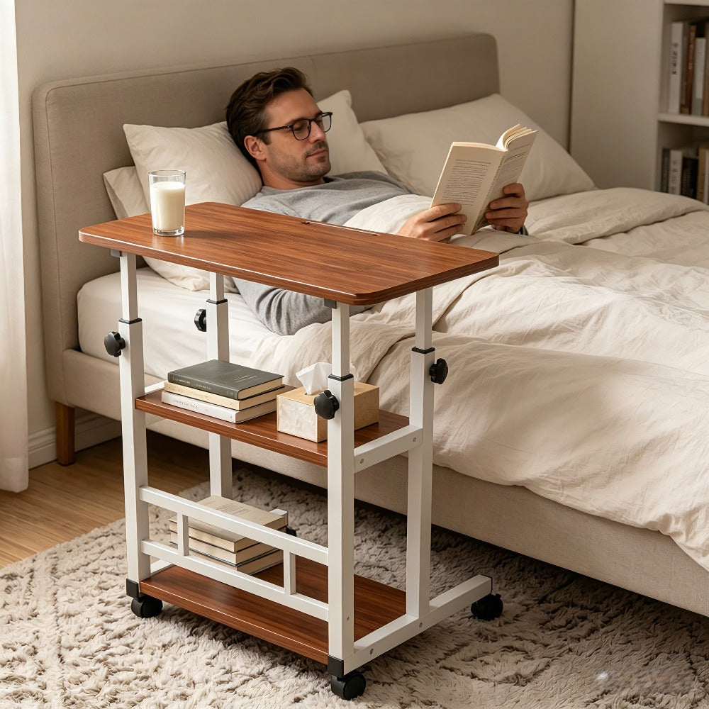 Height Adjustable Computer Desk with Storage Shelf and Wheels, Mobile Rolling Desk for Home Office, Small Space Study Workstation Desk