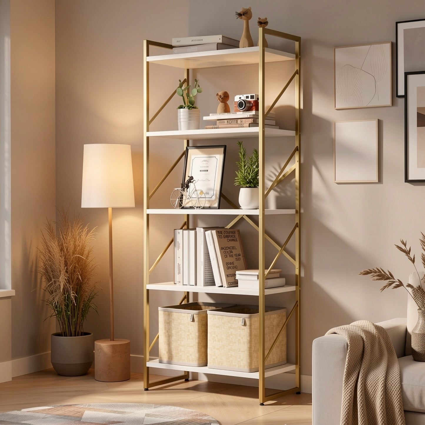 JY QAQA 5 Tiers Bookshelf, Classically Tall Bookcase Shelf, Industrial Book Rack, Modern Book Holder In Bedroom/ Living Room/ Home/ Office, White & Golden