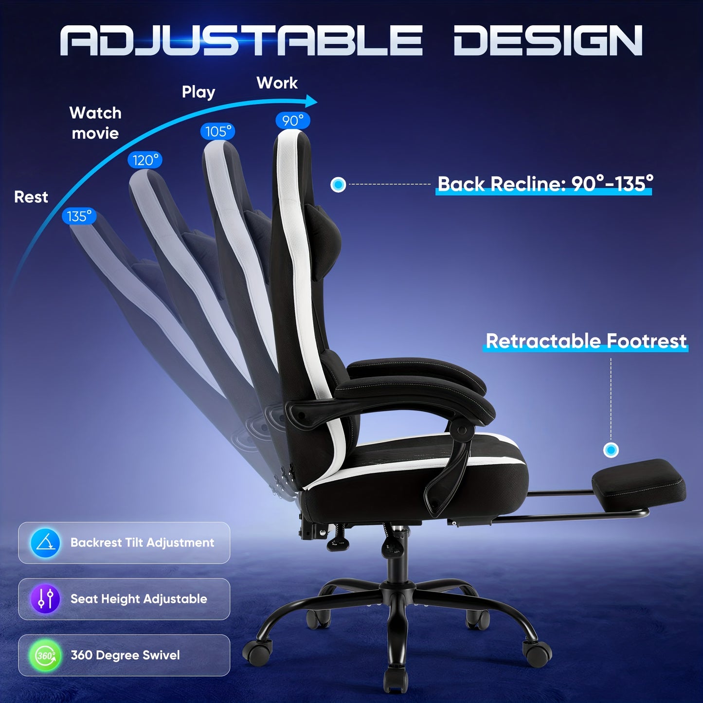 Computer Game Chair - Ergonomic Office Chair with Foot and Lumbar Support, Height Adjustable Work Chair, Headrests, Armrests, and Rollers