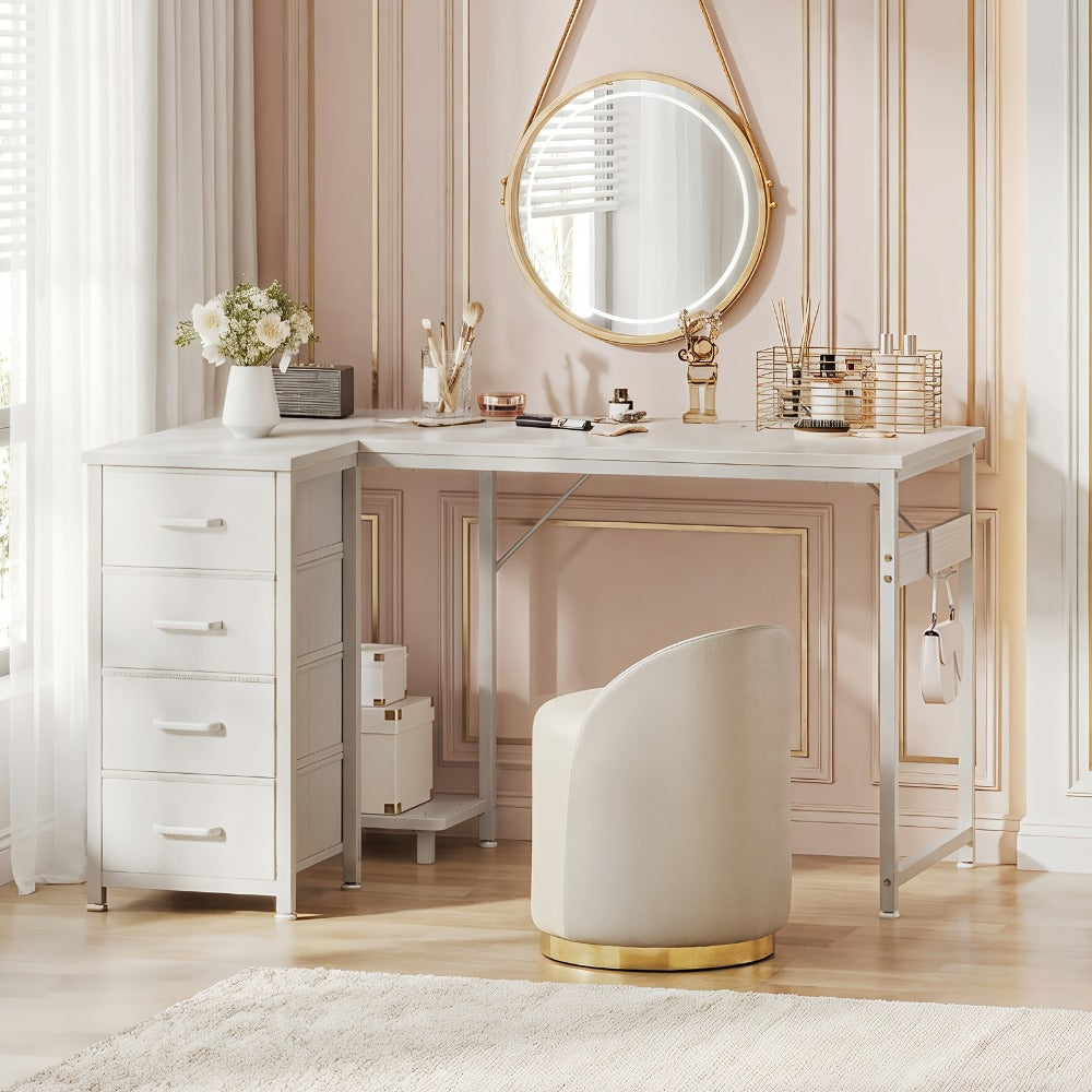 L Shaped Desk with 4 Drawers & Hook – Reversible White Corner Computer Desk with Storage, Study Vanity Table for Home Office Bedroom, 40" & 48" Small Space