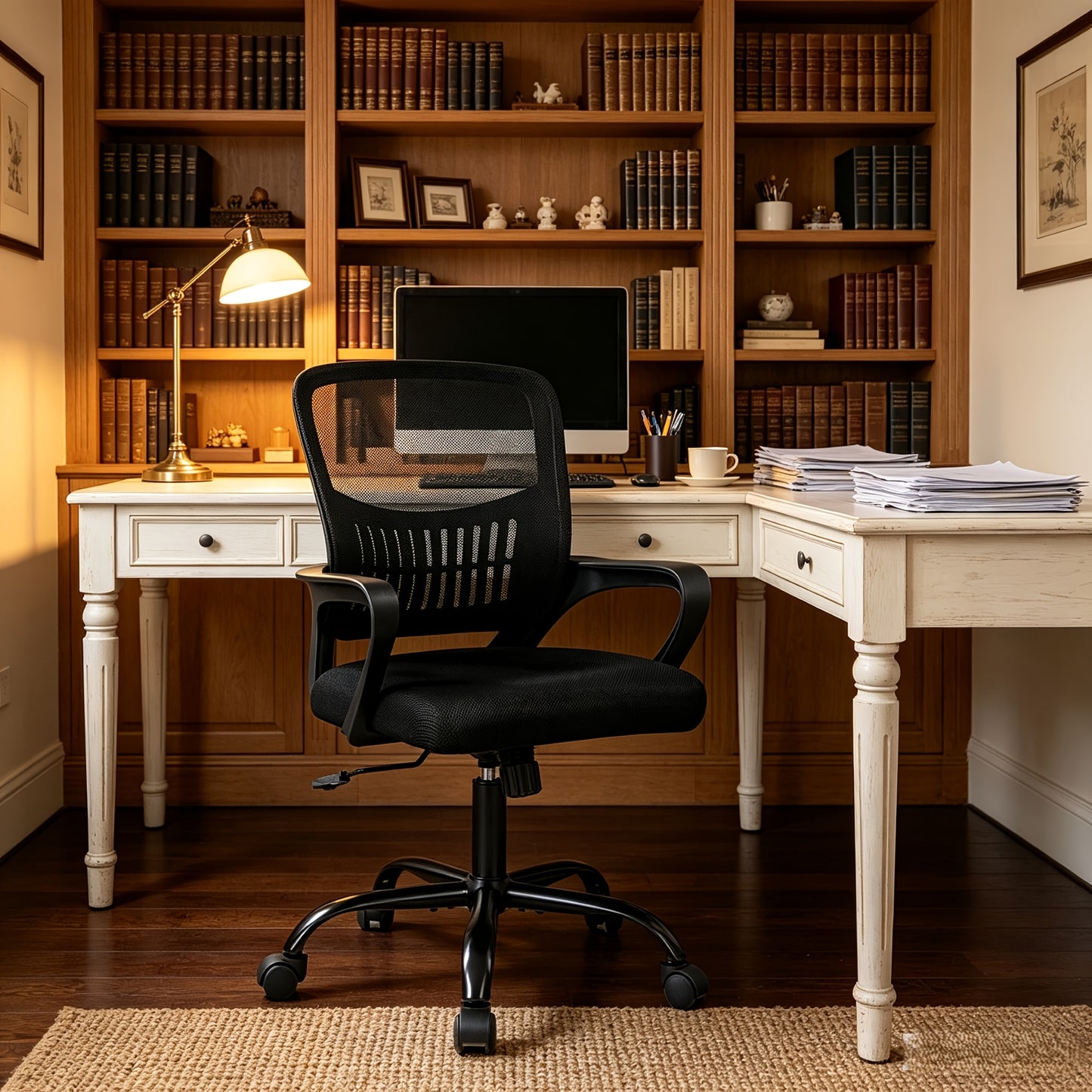 Height Adjustable Office Chair with Lumbar Support Rocking Mode Fixed Armrests Swivel Desk Chair for Home Office Conference Meeting Room, 4 Colors