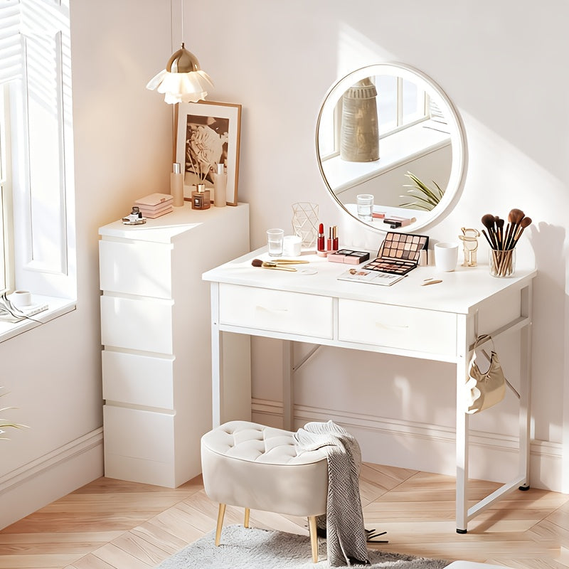 Vanity Small Desk with Light - Fiber Drawers & Adjustable, Easy Assembly, Laptop In Home, Study Or Work, Adjustable