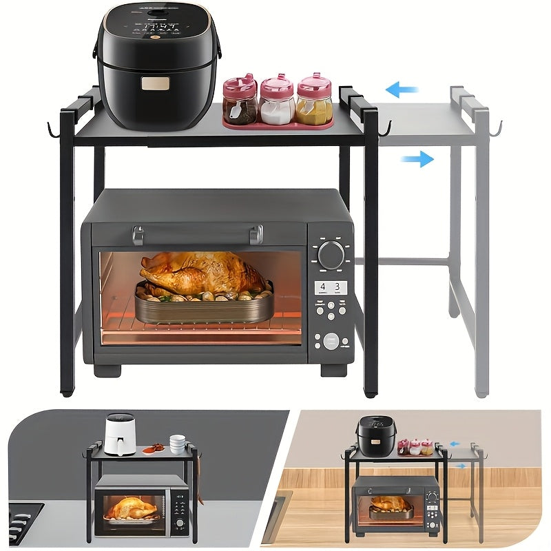1 Kitchen Countertop Storage Rack, Microwave And Oven Storage Rack, Multifunctional Telescopic Rack, Black, Strong Load-bearing Capacity, Space Saving, Kitchen Organizers And Storage