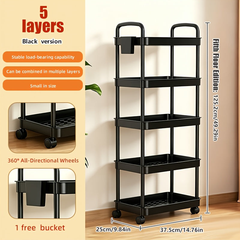 Rolling Utility Cart with Handle & Wheels, 3 4 or 5 Tier Plastic Storage Trolley for Office Kitchen Living Room Bathroom, Movable Multi-Functional Organizer Cart, White & Black