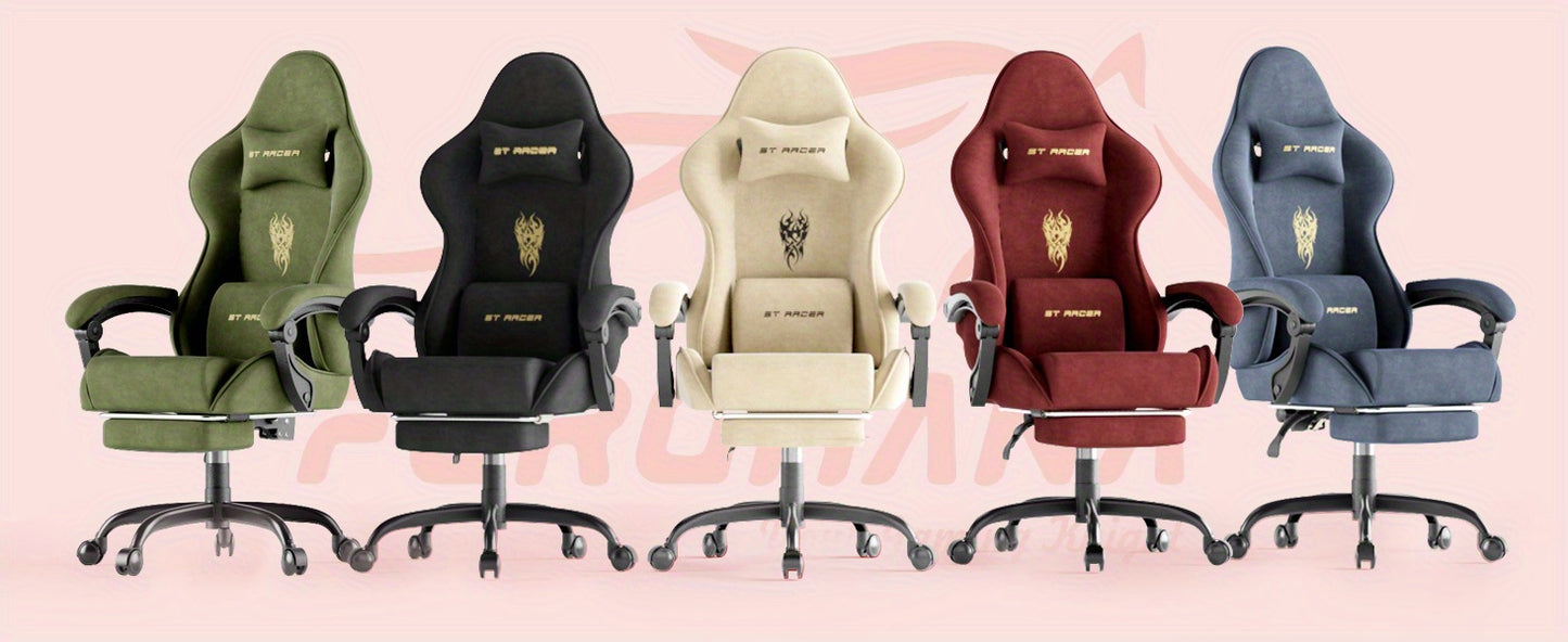 STRACER Velvet Upholstered Gaming Chair Featuring a Footrest, High Back Design, Ergonomic Support for Gamers, Includes Headrest And Massage Lumbar Pillow, Racing Style Reclining Video Game Chair