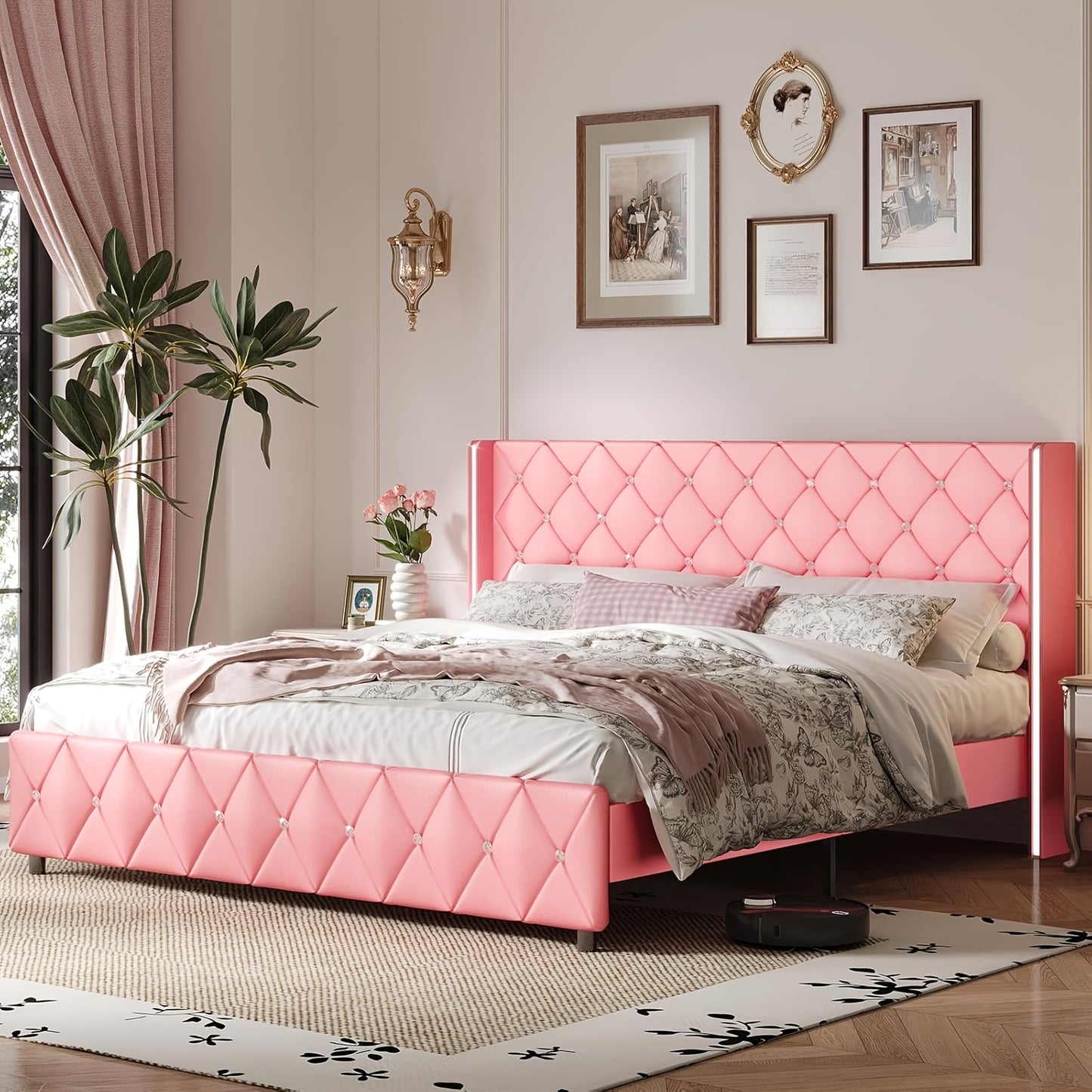 Twin Full Queen King Size Bed Frame, Upholstered Bed Frame with Diamond Tufted Headboard, Modern Silvery Side Wing Back, No Box Spring Needed, Easy Assembly, Purple, Black, Blue, Green, Pink, White