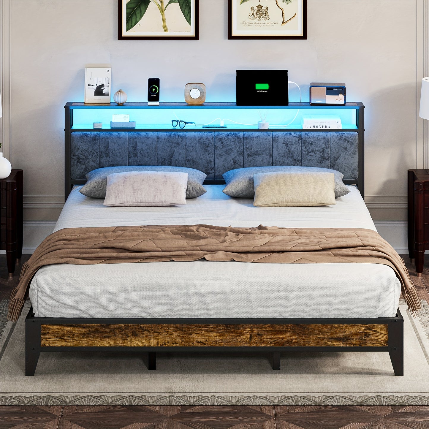 Metal Bed Frame with LED Lights, Headboard with Storage Shelves and Type-C USB Charging Port, Platform Bed No Box Spring Needed, Twin Full Queen King