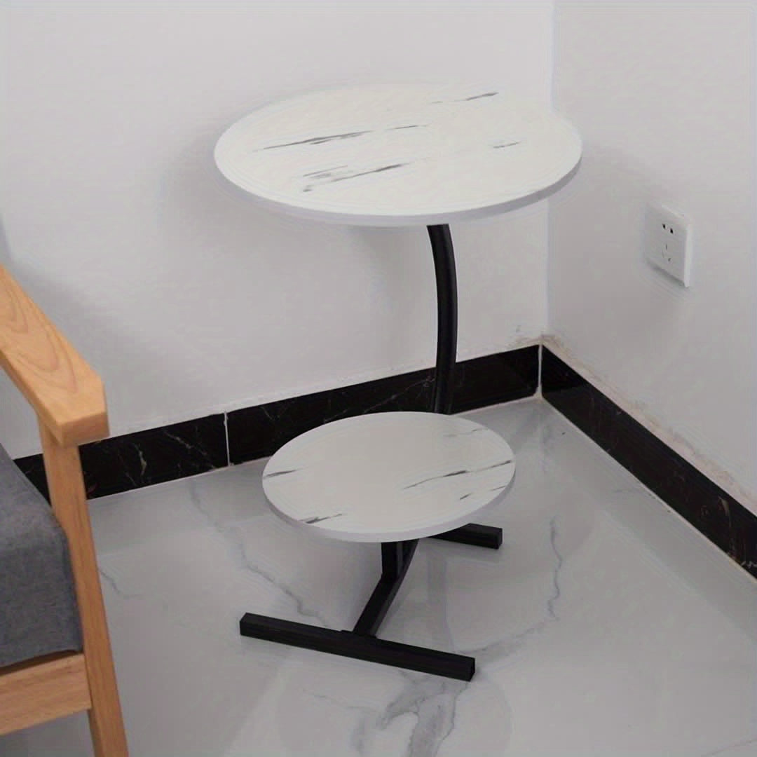 Modern Luxury Wrought Iron and Wood Hybrid Side Table with White Marble-patterned Top - Space-saving Sofa/bedside Coffee Table with Storage Shelf, Black Metal Frame and MDF Base, Compact Portable Design, Easy Assembly Suitable for Small Spaces
