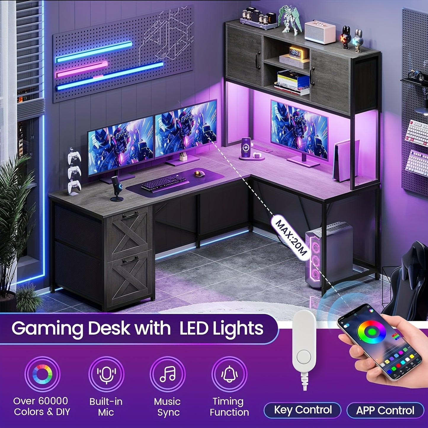 L-shaped Desk with Drawers, 62.2-inch Home Office Desk Featuring Fabric File Drawers and Power Outlets, L-shaped Desk with Storage Cabinet, Storage Shelf, LED Light