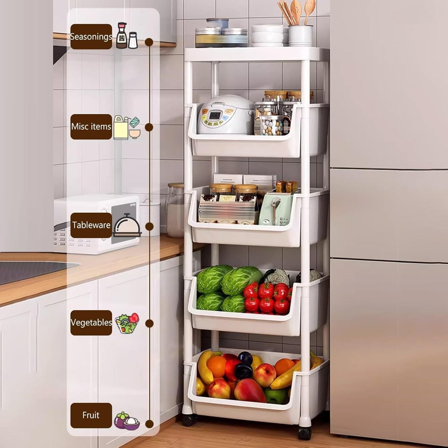 Rolling Cart Organizer, Kitchen Storage Shelf with Lockable Wheels, for Living Room Office Bathroom Garage Narrow Spaces