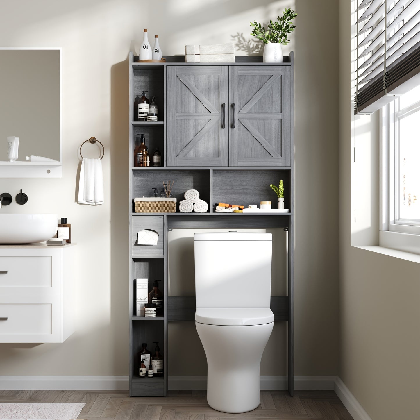 Over-The-Toilet Storage Cabinet with Toilet Paper Holder Stand - Space-Saving -Standing Bathroom Shelf, /Plywood Suitable for Bathroom, Restroom, Laundry Room, Modern with Assembly (No Wall-Mount)