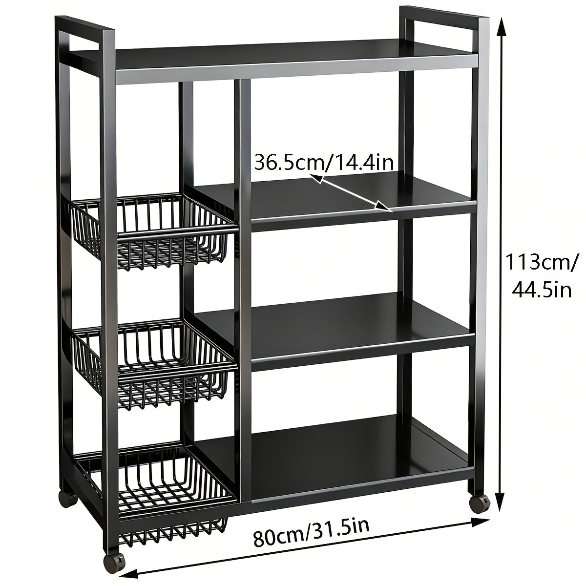 Rolling Baker's Rack with Mesh Baskets & Adjustable Shelves – Metal Frame Kitchen Storage Shelf on Wheels for Kitchen, Bathroom, Living Room & Office