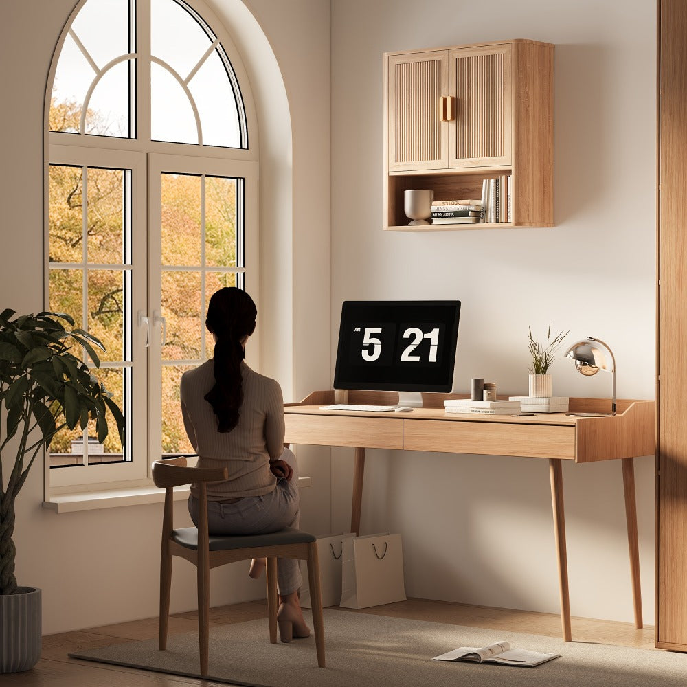 Modern Fluted Bathroom Wall Cabinet, 2-Door Medicine Cabinet with Golden Handles, Wall Mounted Storage Organizer Over The Toilet for Laundry Room & Kitchen