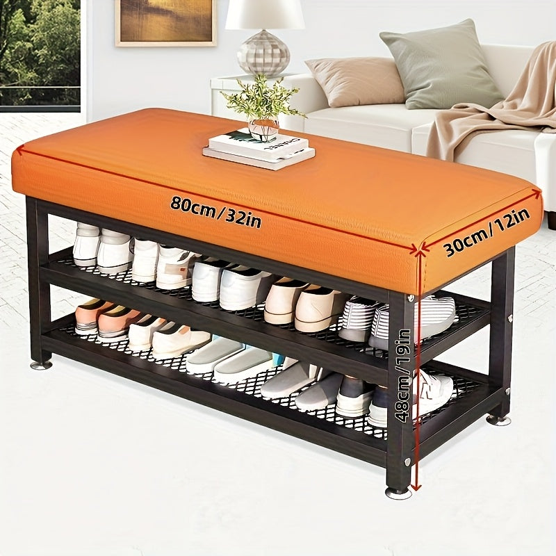 Entryway Shoe Bench with Cushion and Storage Rack, Metal Frame Shoe Changing Stool with Multi-Compartment Organizer for Foyer Bedroom, 24 or 32 Inch, Grey Orange