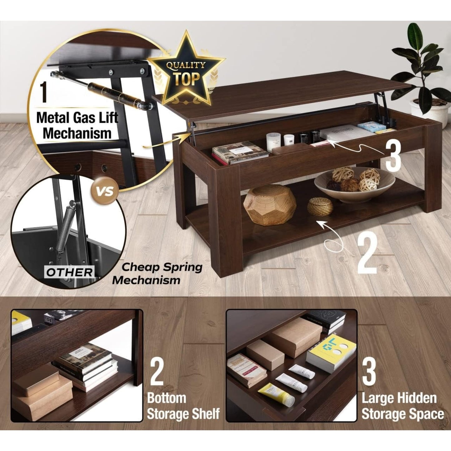 41" Lift Top Coffee Table with Hidden Storage Compartment & Rising Tabletop - Space-Saving Retro Modern Lift-Top Mechanism, Bottom Shelf Suitable for Home Office, Living Room, Reception Desk - Assembly Required, Wood
