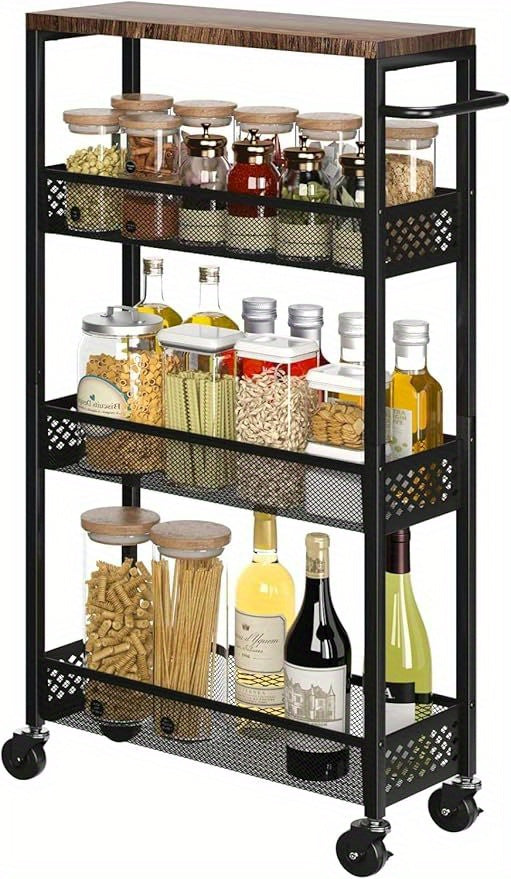 4 Tier Narrow Storage Cart, Metal Rolling Cart with Wheels and Wooden Top for Kitchen, Dining Room, Living Room, Home Office, Black, Assembly Required