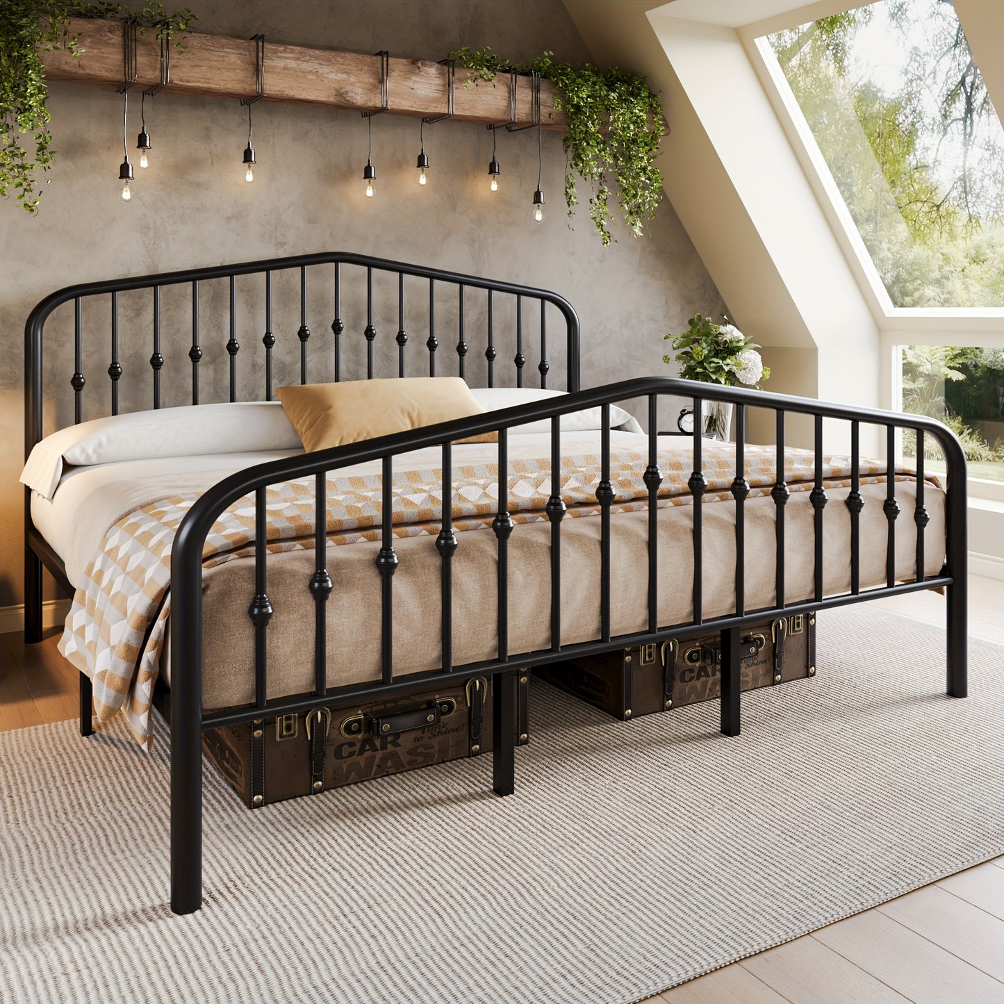 Queen Size Victorian Platform Bed Frame with Wrought Iron Headboard & Footboard – 14" Tall, No Box Spring Needed, Heavy-Duty Steel Slat Support, Elegant Antique Style Bedroom Furniture
