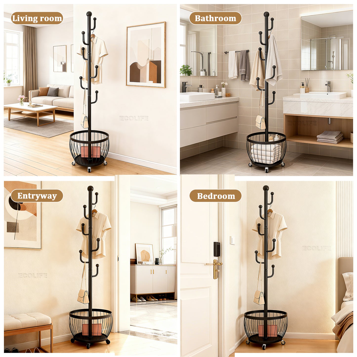 2-in 1 Multipurpose Freestanding Coat Rack with Storage Basket - 6 Hooks and 4 Universal Wheels, Mobile Clothes Hanger, Space-Saving Freestanding Clothes Rack Organizer, for use in Entryway, Living Room, Bedroom, Home, Office, Bathroom for Hats, Coats, Sc