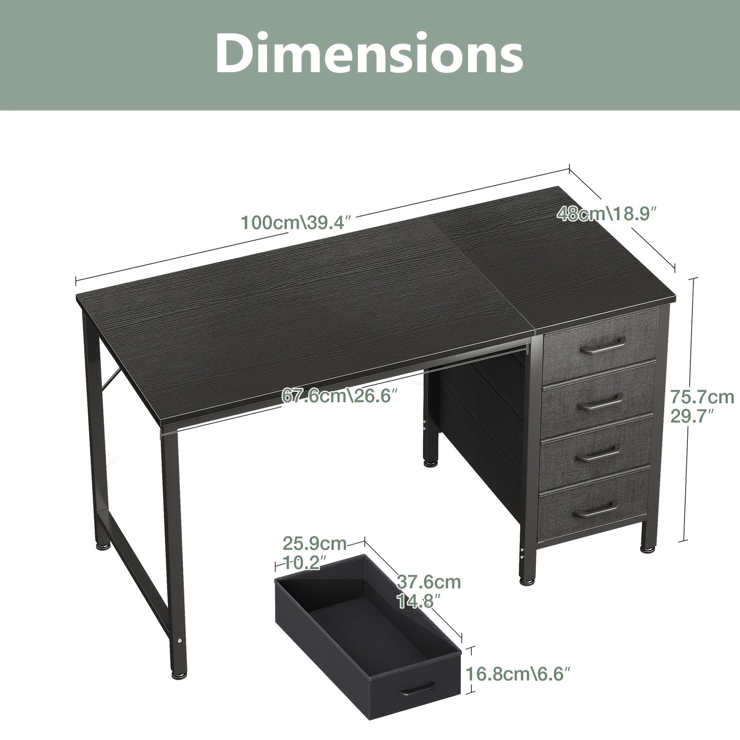 40 Inch Small Desk With 4 Fabric Drawers, Study Table For Students, Compact Work Desk For Bedroom Or Small Spaces, White/Black