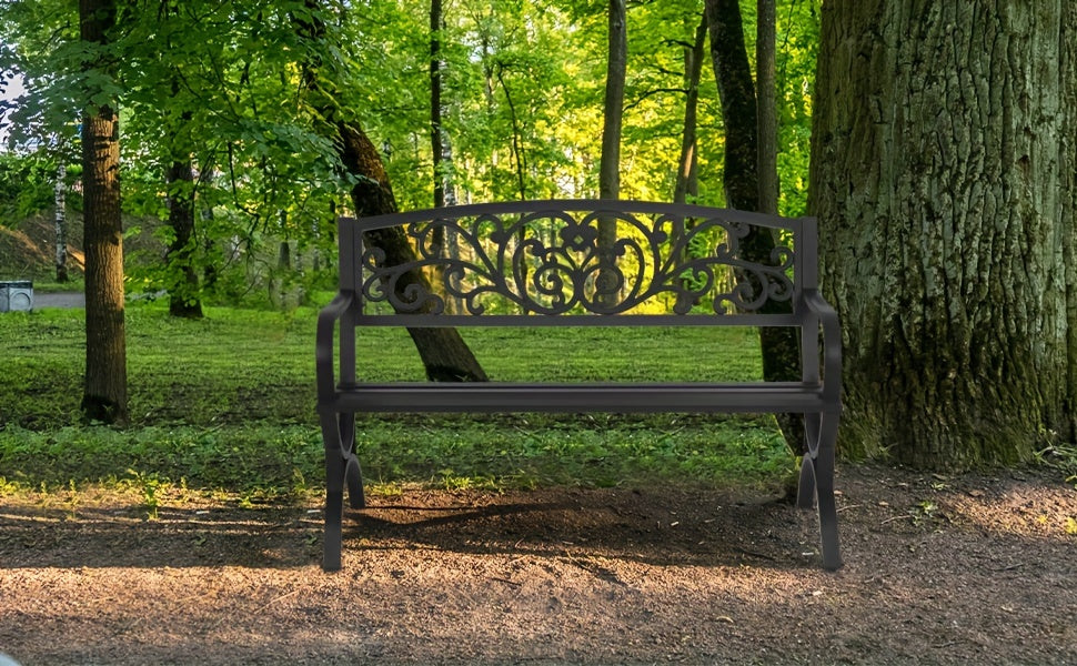 Cast Iron Steel Frame Garden Bench Patio Furniture Chair Outdoor Bench W/Floral Design Backrest, Slatted Seat for Park, Yard & Por