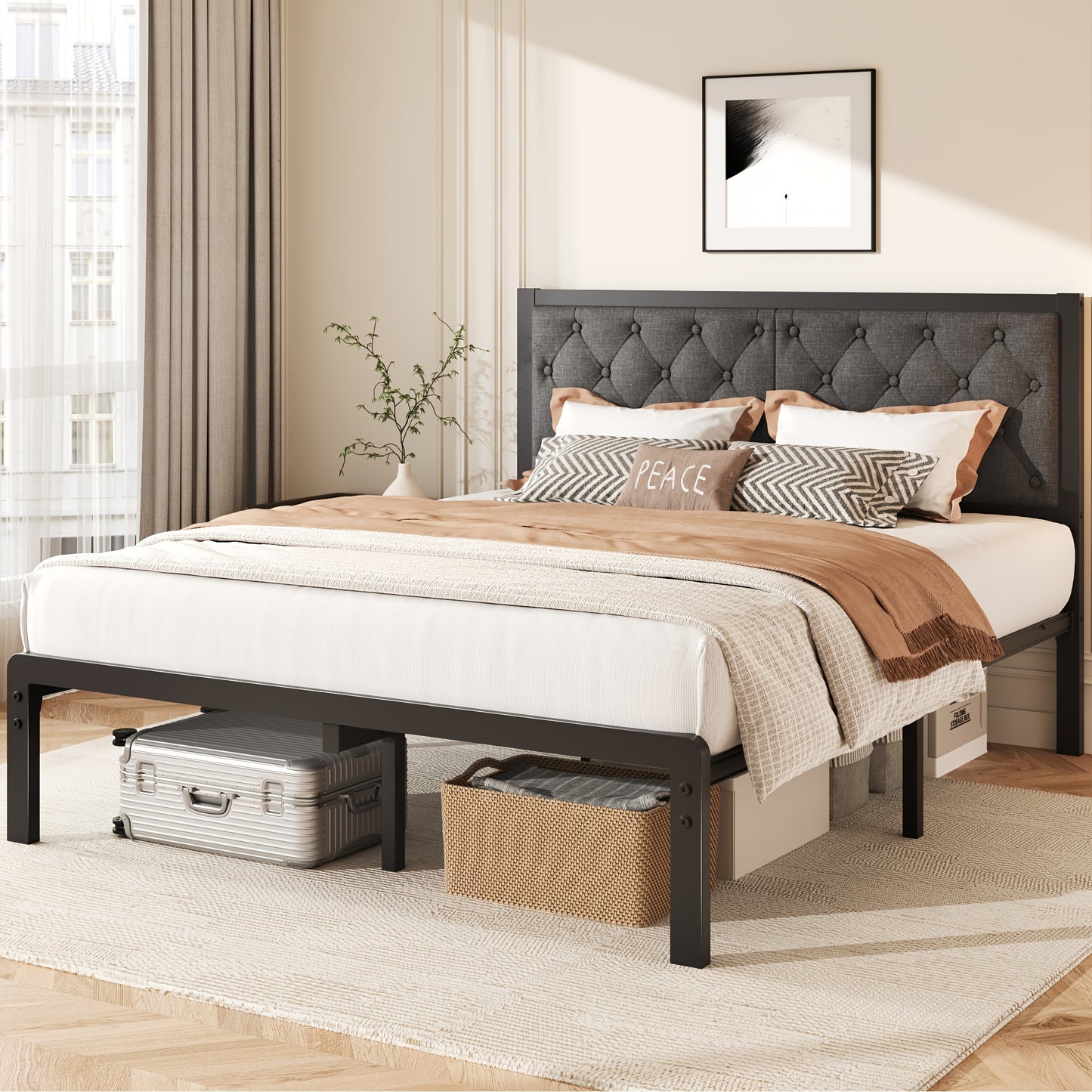Upholstered Platform Bed Frame with Button Tufted Headboard Noise-Free Steel Slats 12.6 Inch Under-Bed Storage No Box Spring Needed Twin Queen Grey
