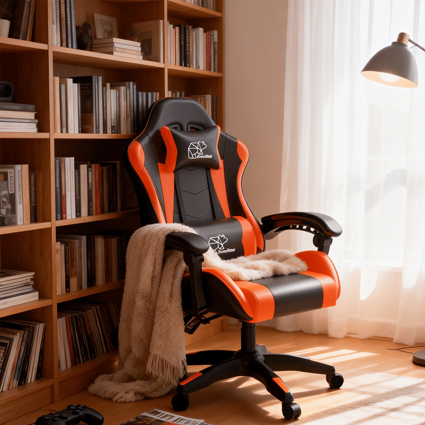 Gaming Chair shown in the No Footrest, Black and Orange option