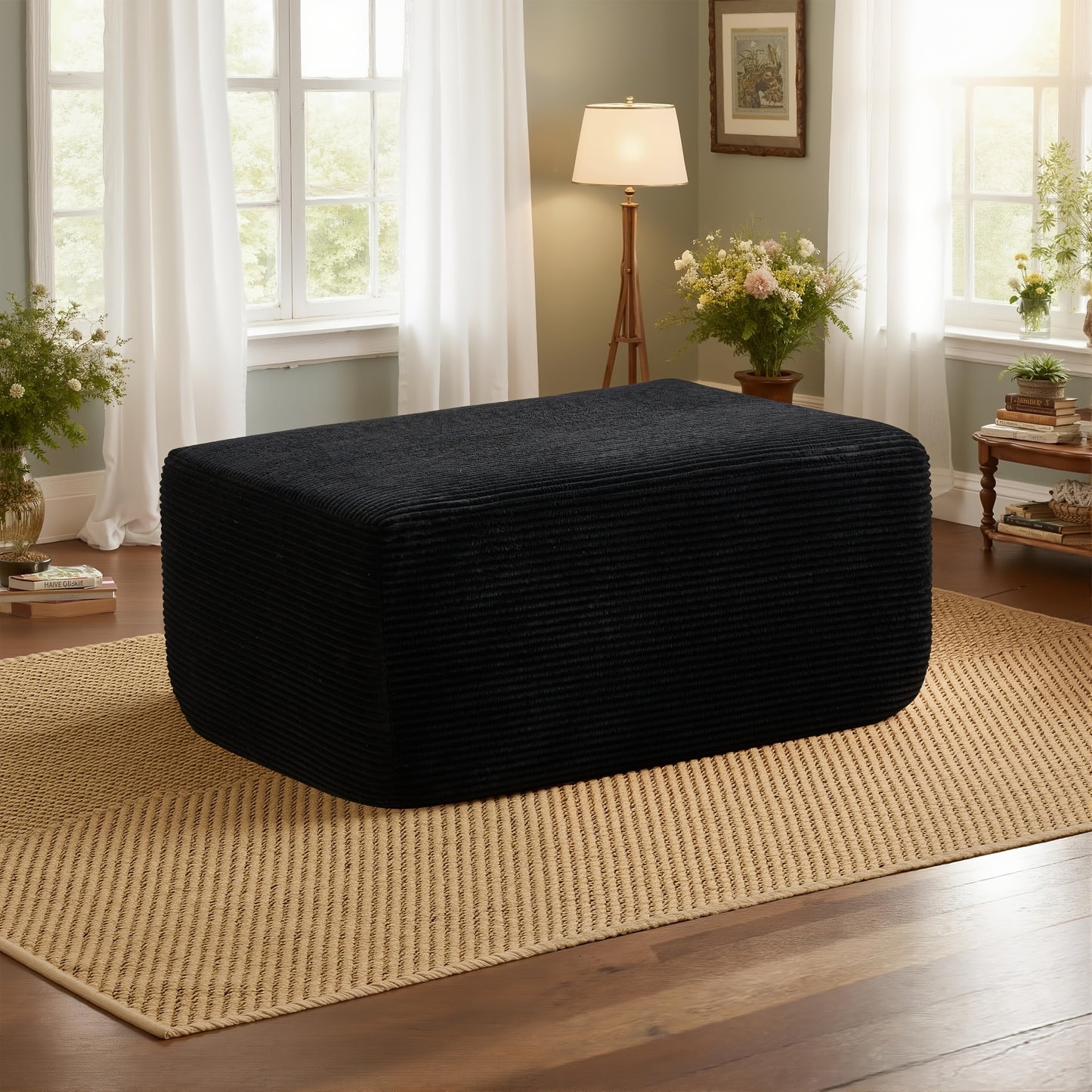 Ottoman shown in the Black Corduroy option