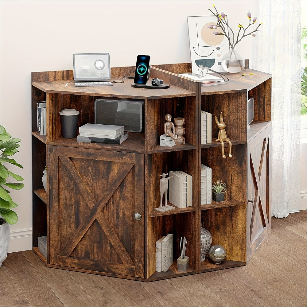 Modern Rustic Corner Cabinet with USB Ports & Outlets - /Particle Board Suitable for Small Spaces, 6-Cubby Bookshelf Storage Shelf with Stations, -Standing Organizer for Home Office,, Living Room (Assembly Required)