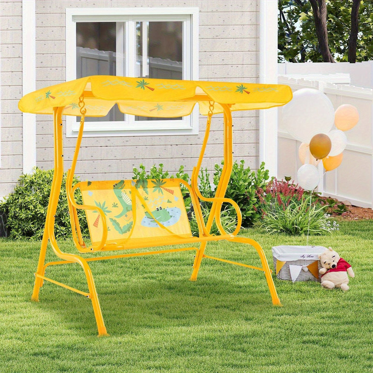 COSTWASY Kids Patio Swing, 2-Seater Swing Chair w/ Metal Stand & Adjustable Canopy, Outdoor Mini Swing w/ Safety Belts for Kids over 3, Porch Seating Solution, Adjustable Canopy Swing, Adjustable Canopy Design, Sturdy Metal Stand, Robust Swing Mechanism,