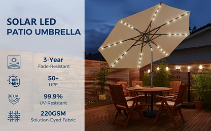10ft Solar Patio Umbrella, With 32 LED Lights, Outdoor Market Table Umbrella, With Tiltable Buttons, UPF50 UV Protection, Heavy-Duty 8 Umbrella Bone Structure For Garden, Poolside, Decks, Backyards